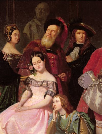 Members of the Comedie-Francaise, L-R: Mlle Noblet, Mlle Plessis, Joanny in costume of Hernani, Mlle Anais, Perrier, in 1840 (detail) by Edmond Aime Florentin Geffroy